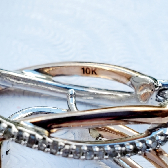 10K Rose Gold and Sterling Silver Pave Diamond Crossover Hoops - Picture 7 of 16